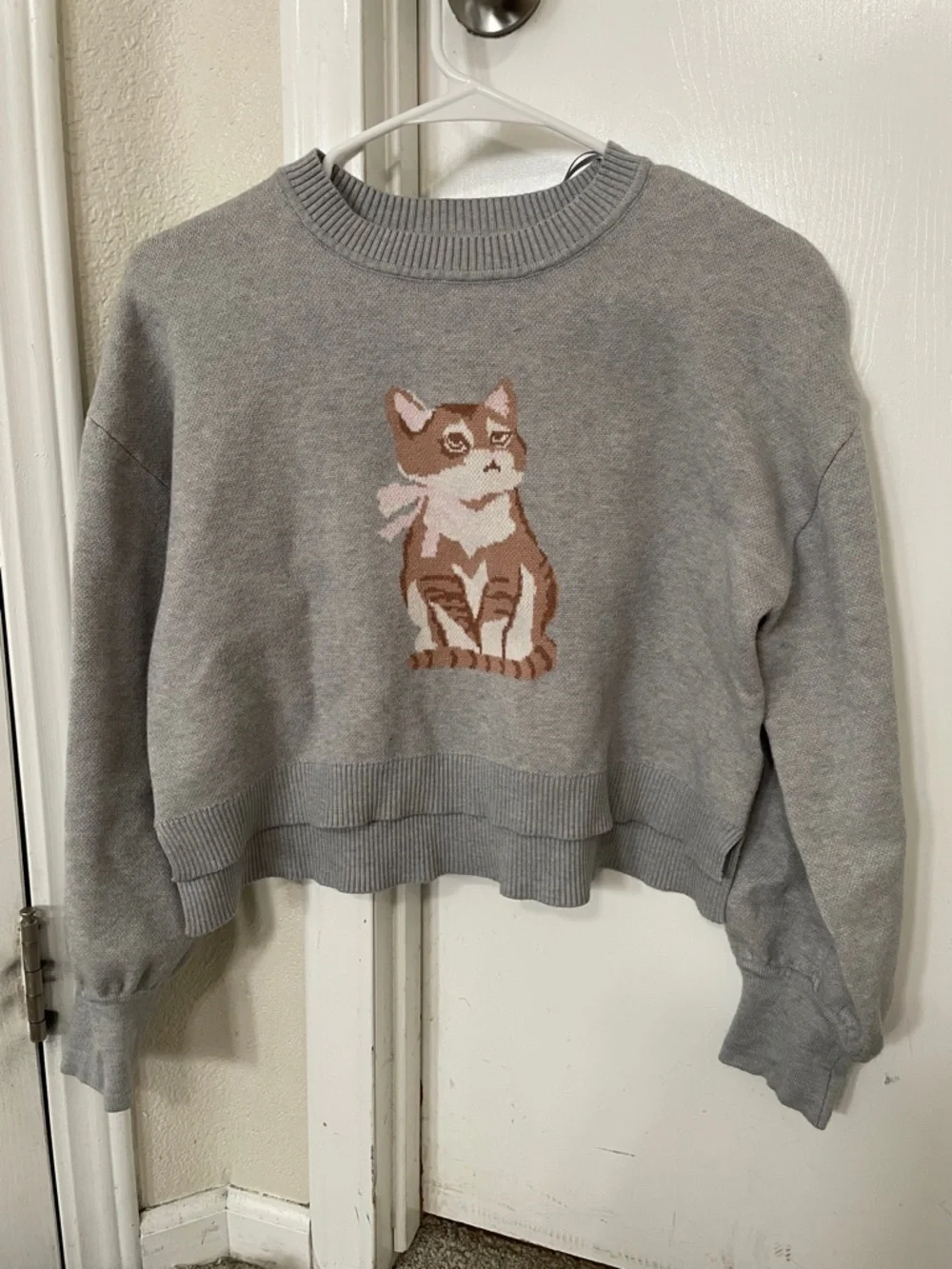 Pink Rose Gray Knit Cat Sweater with Brown & Cream Cat Motif